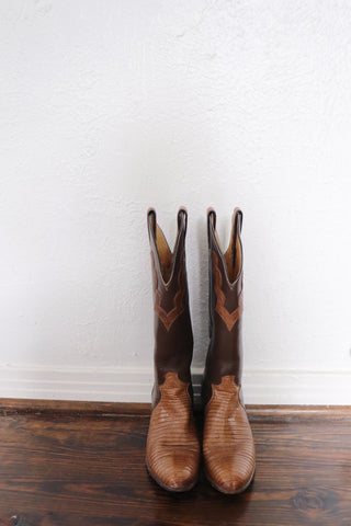 1970s Justin Boots Tan + Brown Leather Cowboy/Cowgirl Boots ~ Size 7