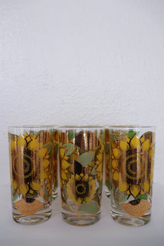 Set of Six Gold Georges Briard Sunflower Cocktail Glasses