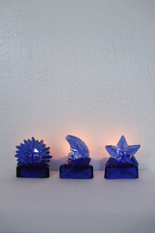 Sun + Moon + Star Blue Glass Candle Votive Set